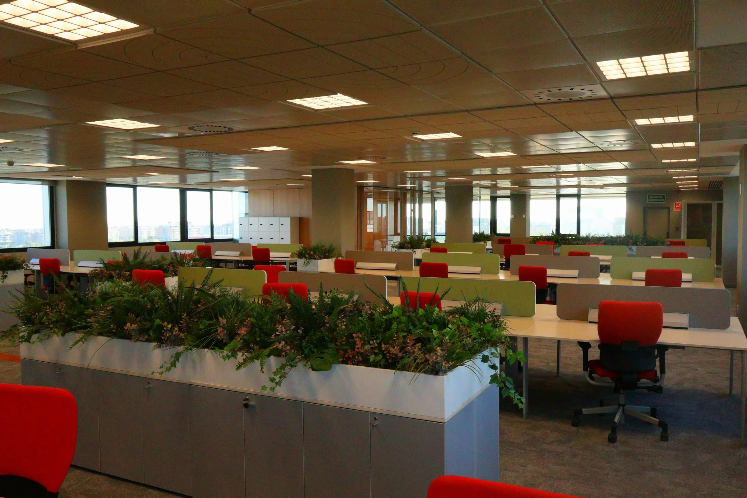 Planta de oficinas abierta con jardineras entre los puestos de trabajo y sillas rojas.